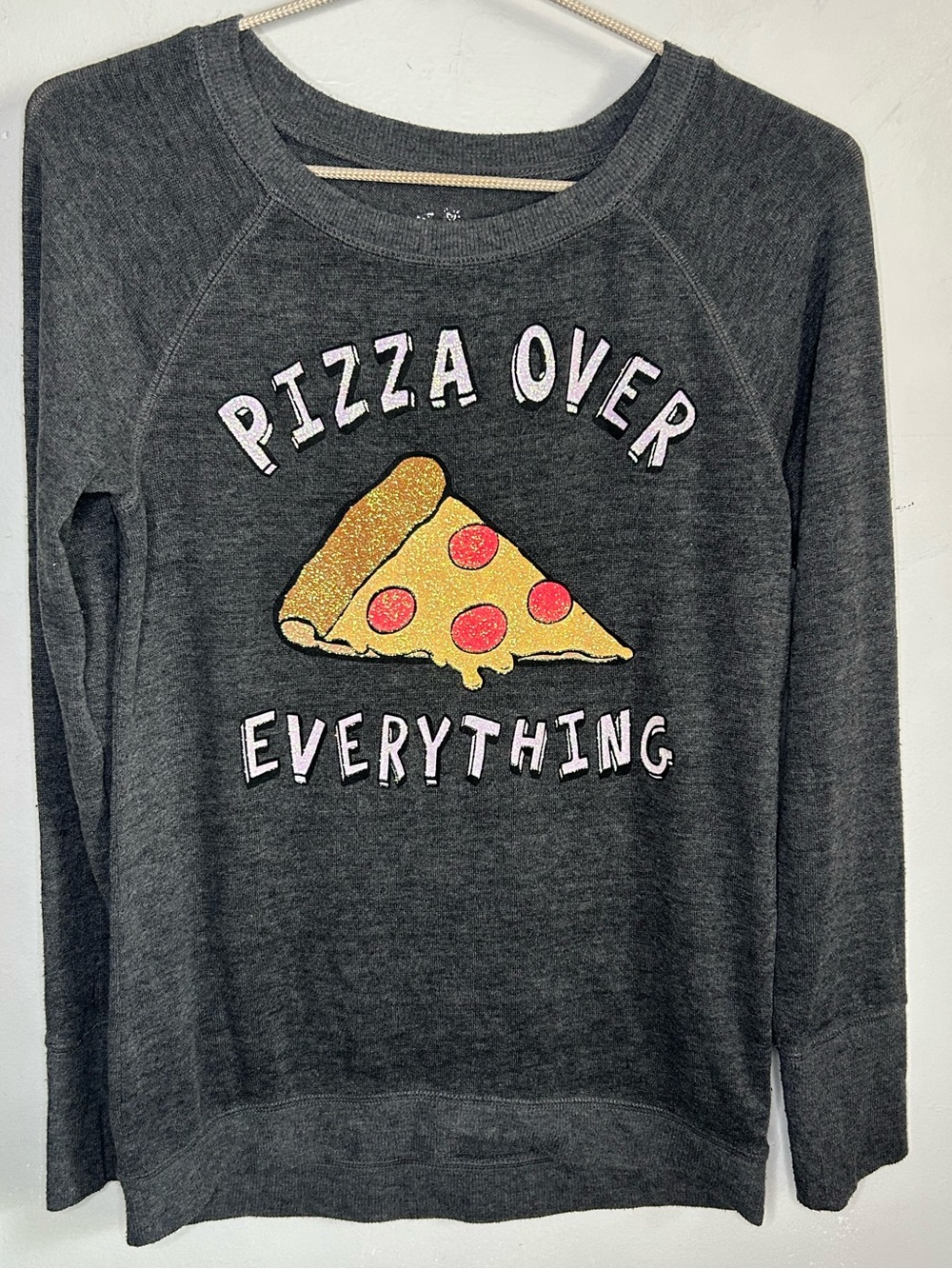 Justice Girls "Pizza Over Everything" Glitter Graphic Long-Sleeve Shirt / Lightw